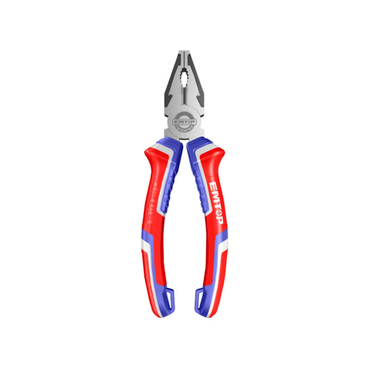 Alicates universales EMTOP de electricista con mangos bimaterial ergonómicos rojos, azules y blancos