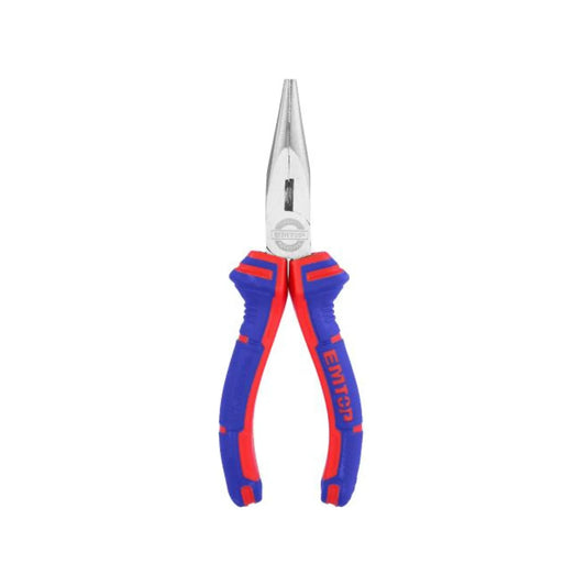 Pinzas de punta larga EMTQP con mangos ergonómicos azules y rojos para trabajos eléctricos y de precisión