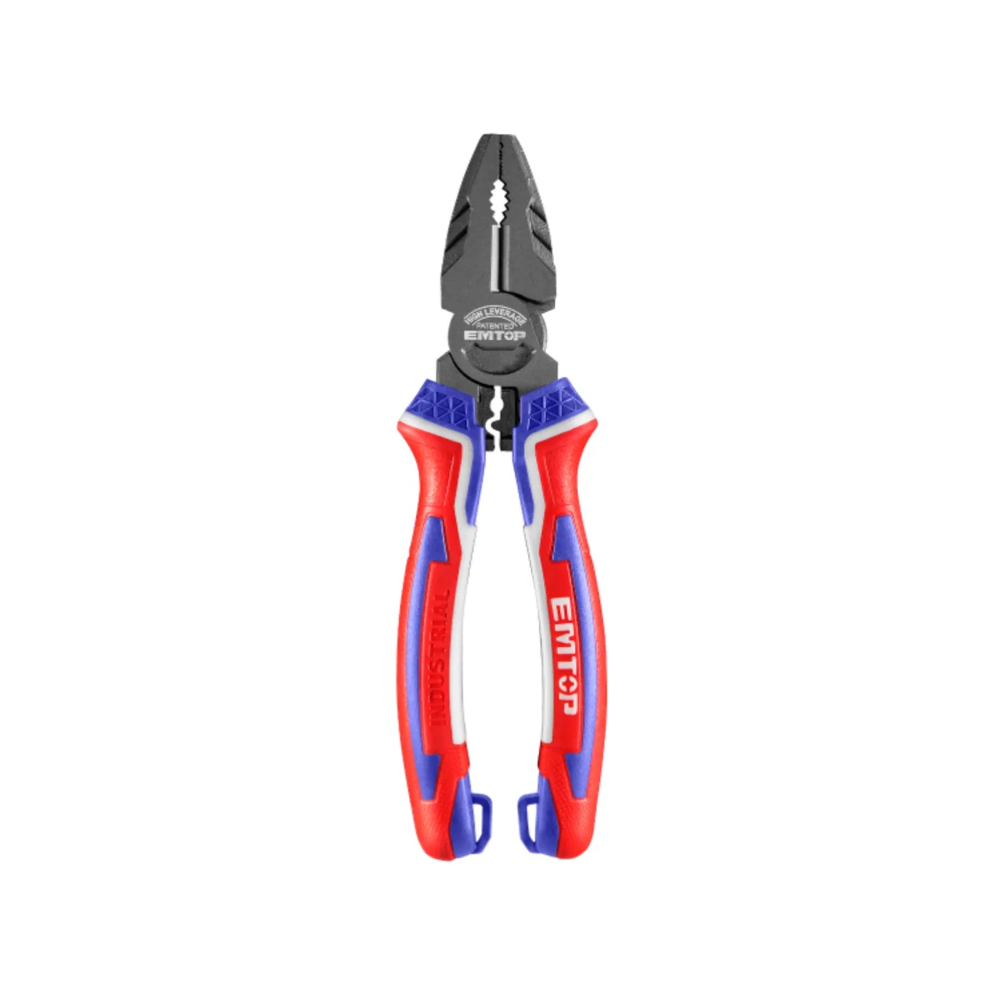 Pinzas universales EMTOP de alta palanca, mango ergonómico rojo, azul y blanco para uso industrial.