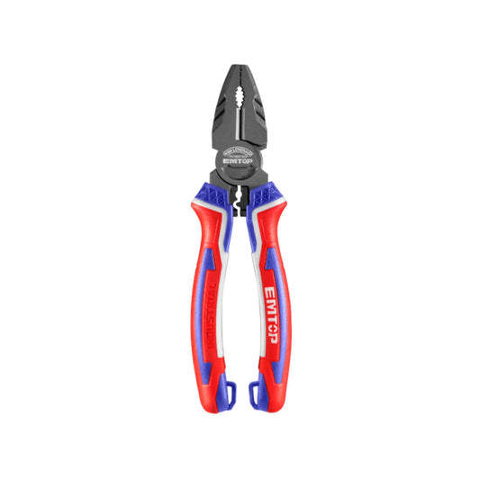 Pinzas universales EMTOP de alta palanca, mango ergonómico rojo, azul y blanco para uso industrial.