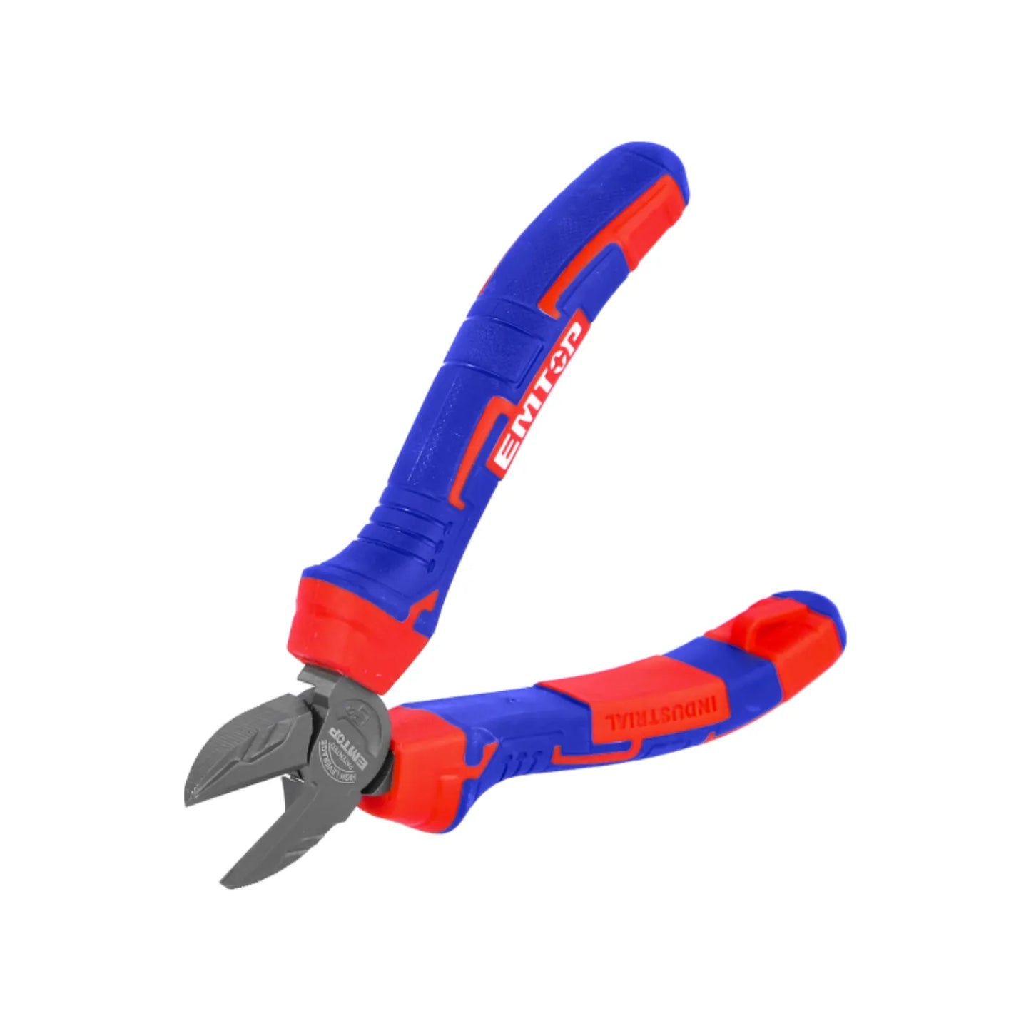 Alicates cortacables EMTOP con mangos azules y rojos, herramienta de corte diagonal industrial.