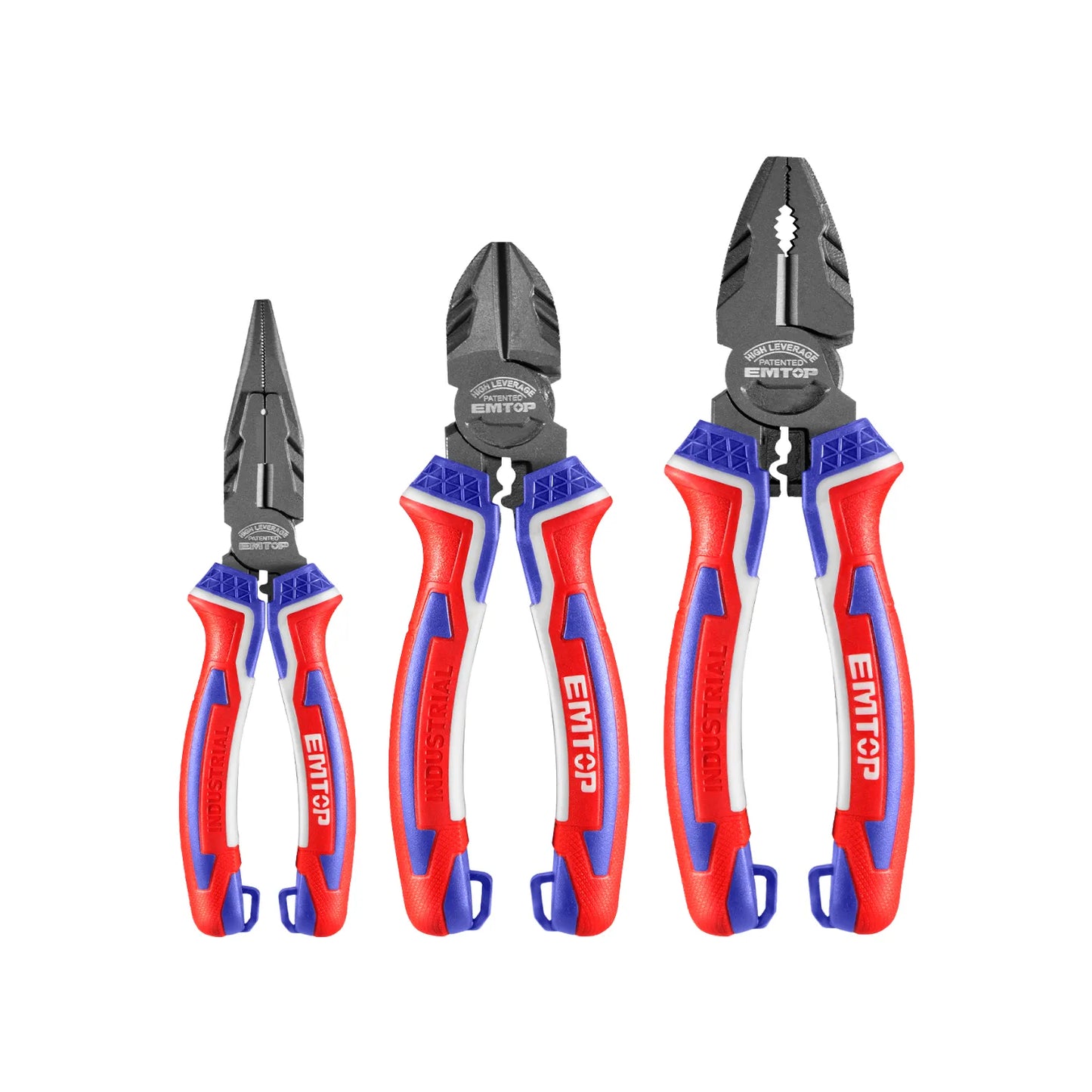 Juego de 3 alicates EMTOP industriales de alto apalancamiento: punta fina, universal y corte, mangos ergonómicos rojo/azul.