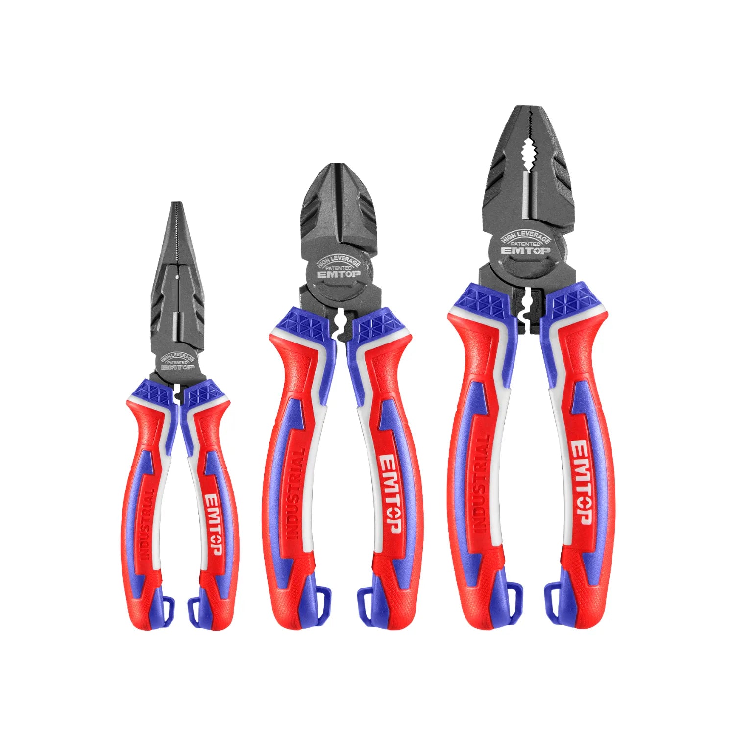 Juego de 3 alicates EMTOP industriales de alto apalancamiento: punta fina, universal y corte, mangos ergonómicos rojo/azul.