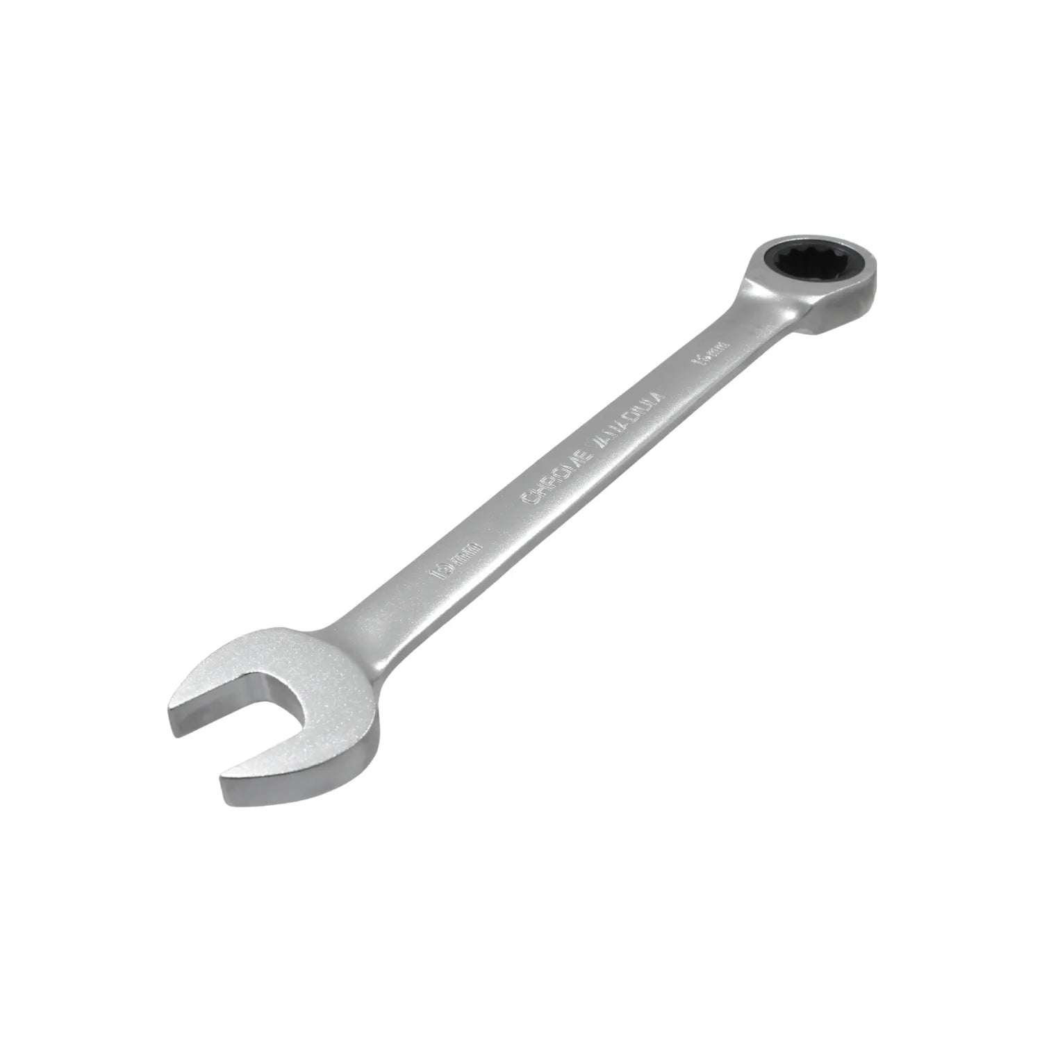 Llave de cromo vanadio 19mm de boca y 15mm de estrella con trinquete, acabado brillante.