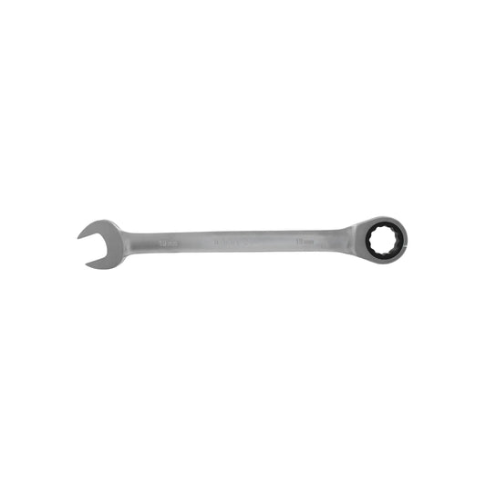 Llave combinada de matraca 19mm, con boca fija y estrella ratcheting, de acero cromado pulido.