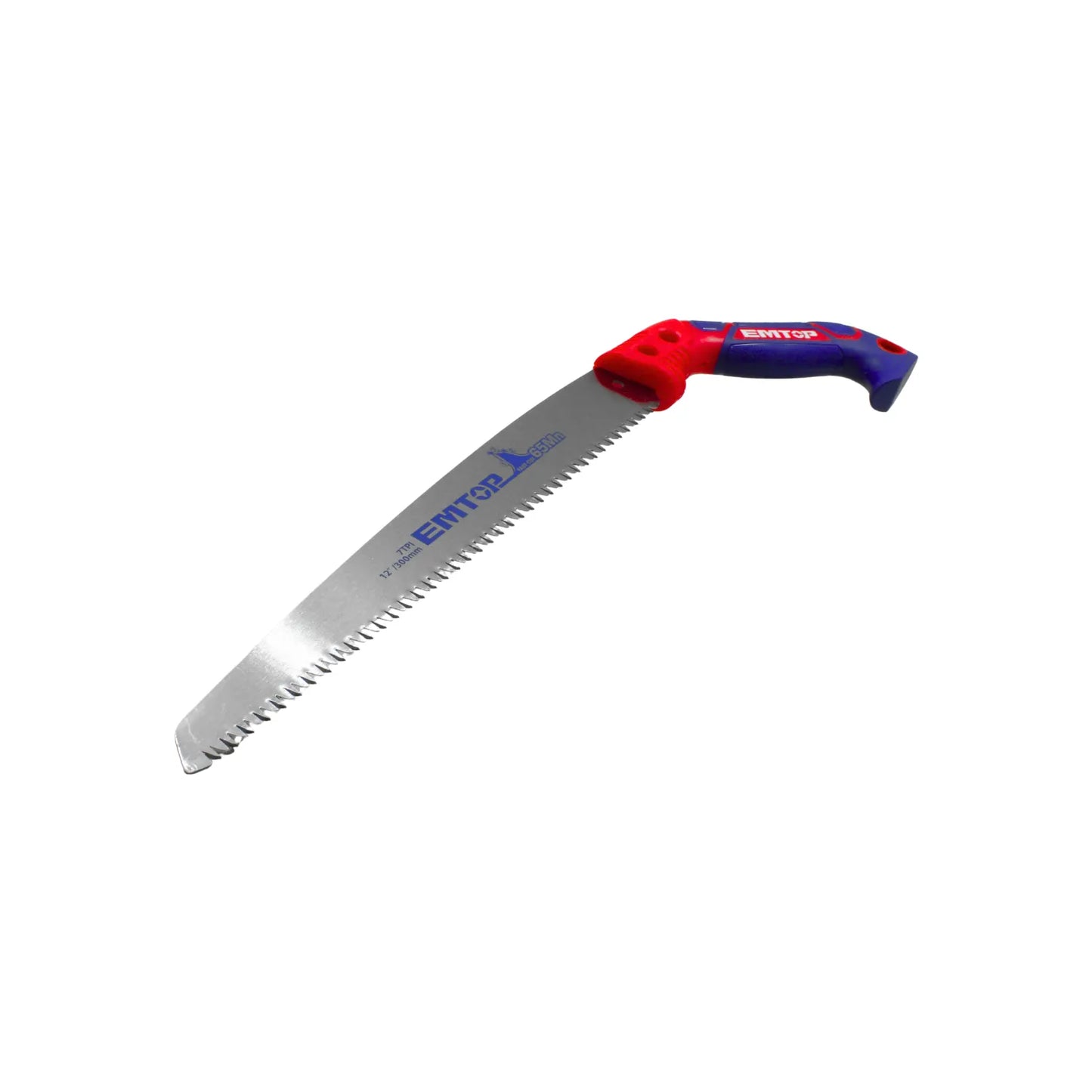 Sierra de mano EMTOP de 12"/300mm para madera, hoja curva con dientes afilados y mango ergonómico azul y rojo.