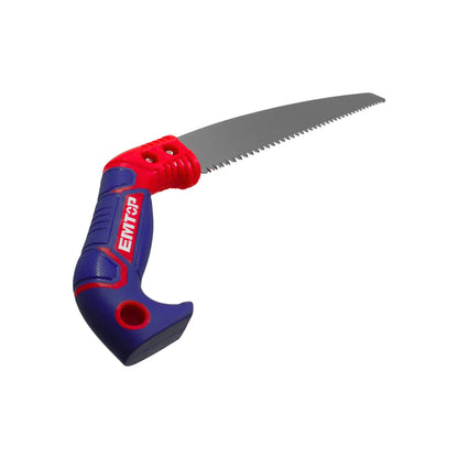 Sierra de poda manual EMTOP con hoja dentada curva, mango ergonómico azul y rojo