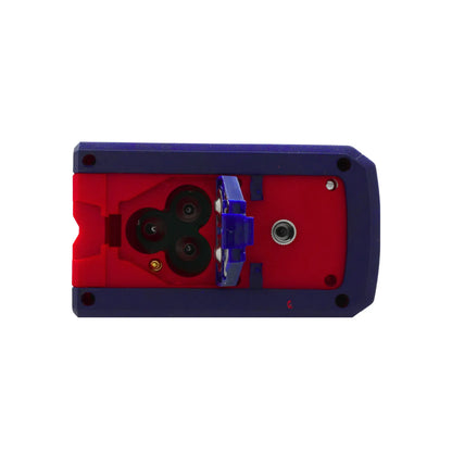 Dispositivo portátil rojo y azul con sistema de rodillos para manipulación de materiales. Incluye puerto de conexión.