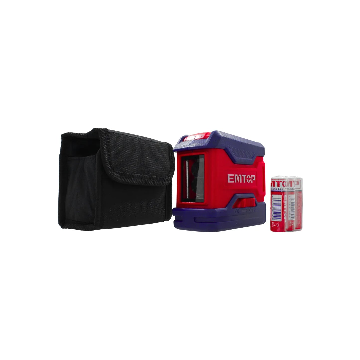 Nivel láser autonivelante EMTOP rojo/azul, incluye estuche y pilas AA para proyectos de precisión.