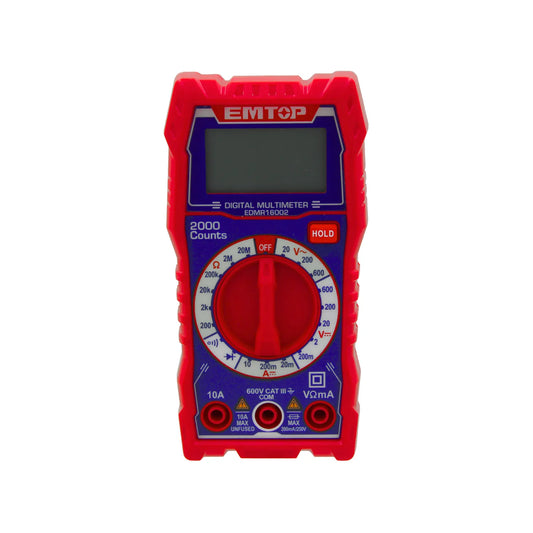 Multímetro digital EMTOP EDMR16002 rojo/azul, 2000 cuentas para medición eléctrica de voltaje, corriente y resistencia.