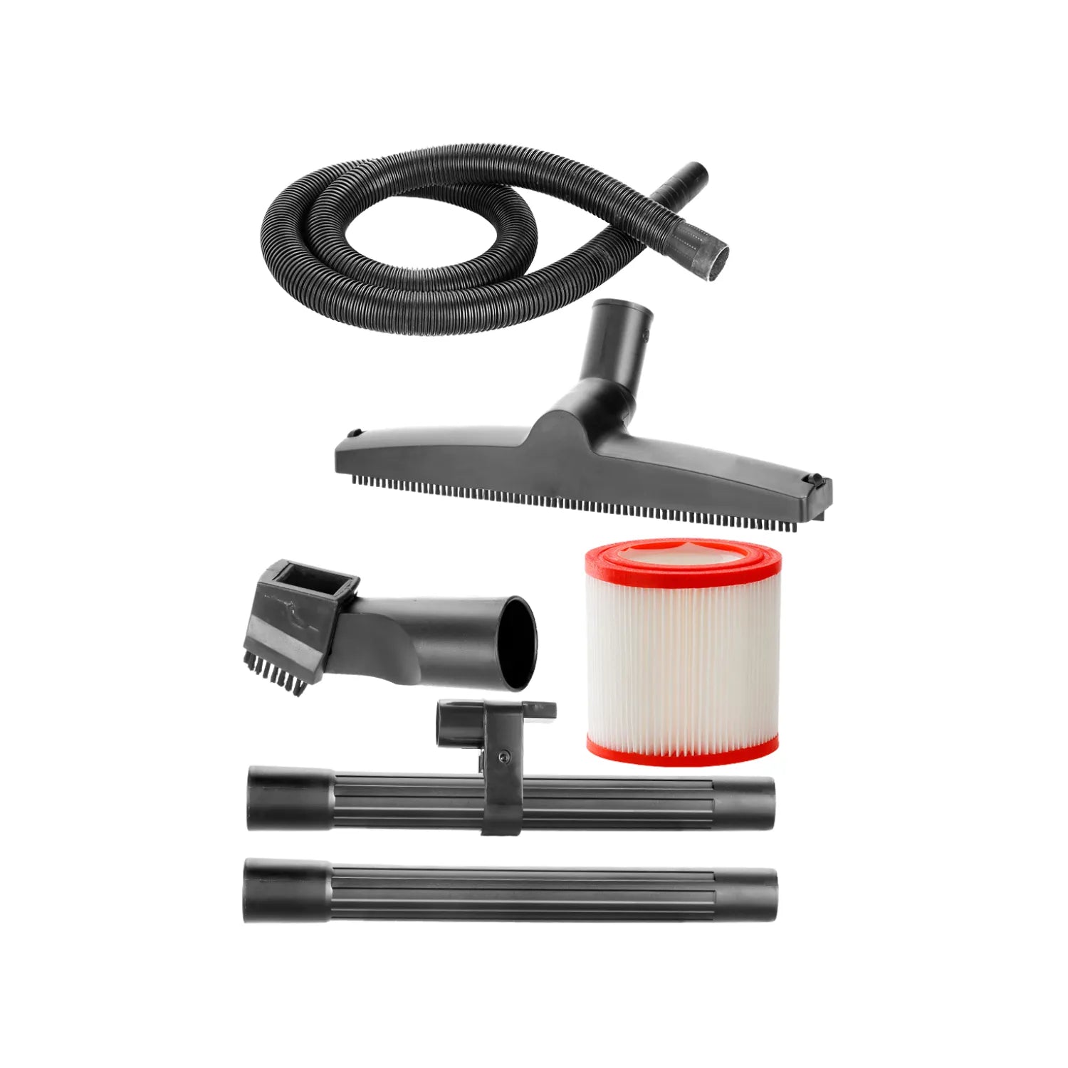 Accesorios negros para aspiradora industrial: manguera, cepillos, tubos extensión y filtro de cartucho rojo