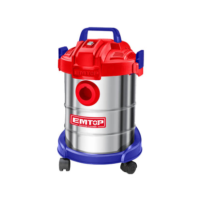 Aspiradora industrial EMTOP de tambor rojo y azul, para seco y mojado con ruedas.