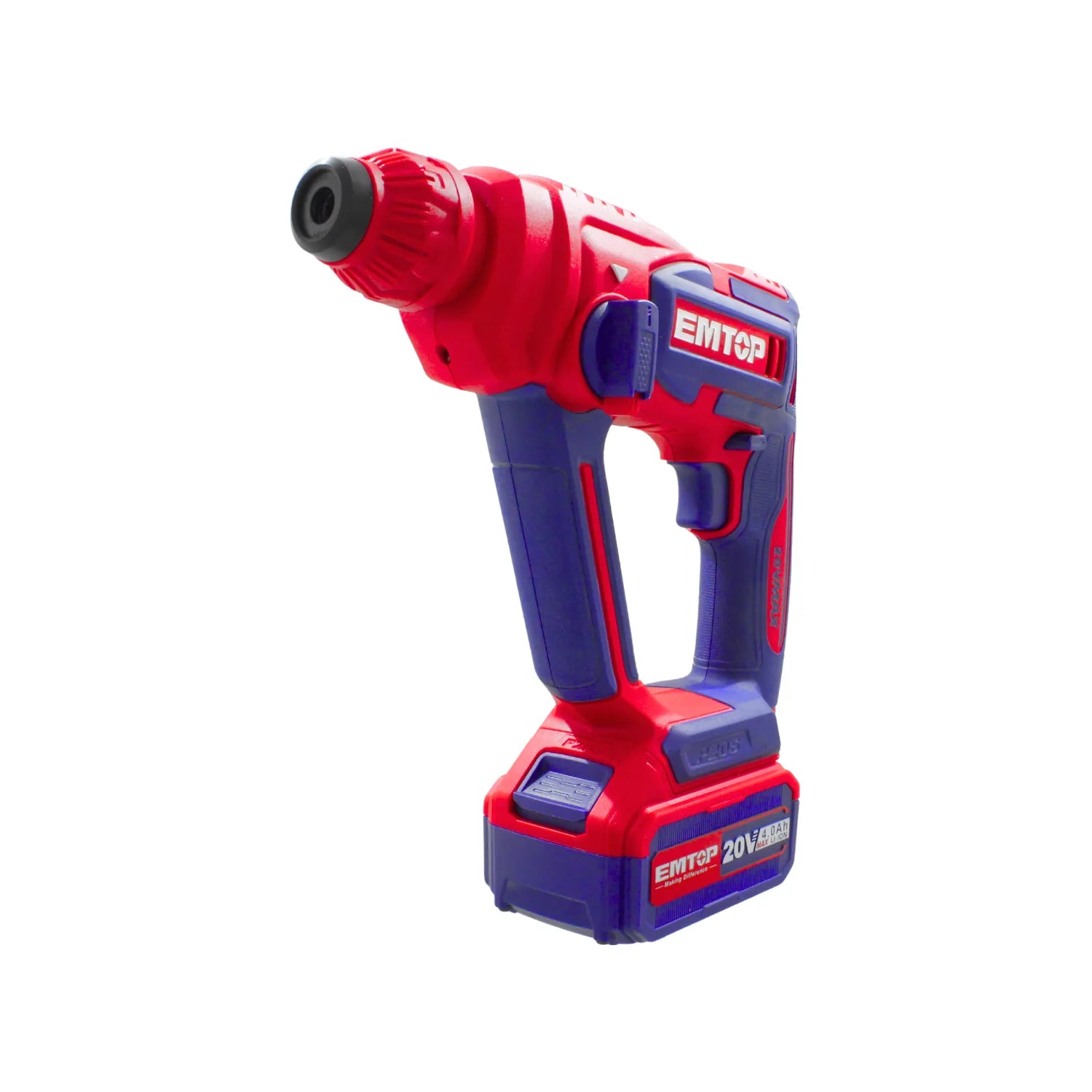 Rotomartillo inalámbrico EMTOP 20V con batería de litio 4.0Ah, diseño robusto rojo y azul.