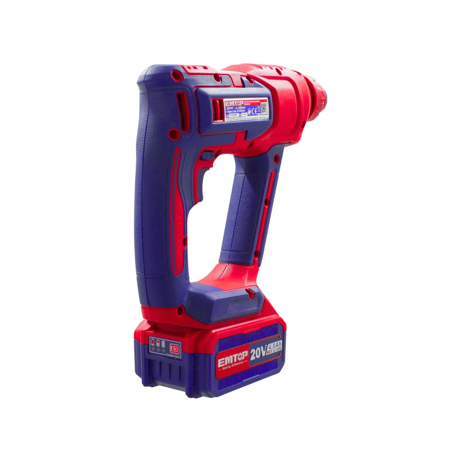 Taladro percutor inalámbrico EMTOP 20V sin escobillas, rojo y azul con batería de litio 4.0Ah