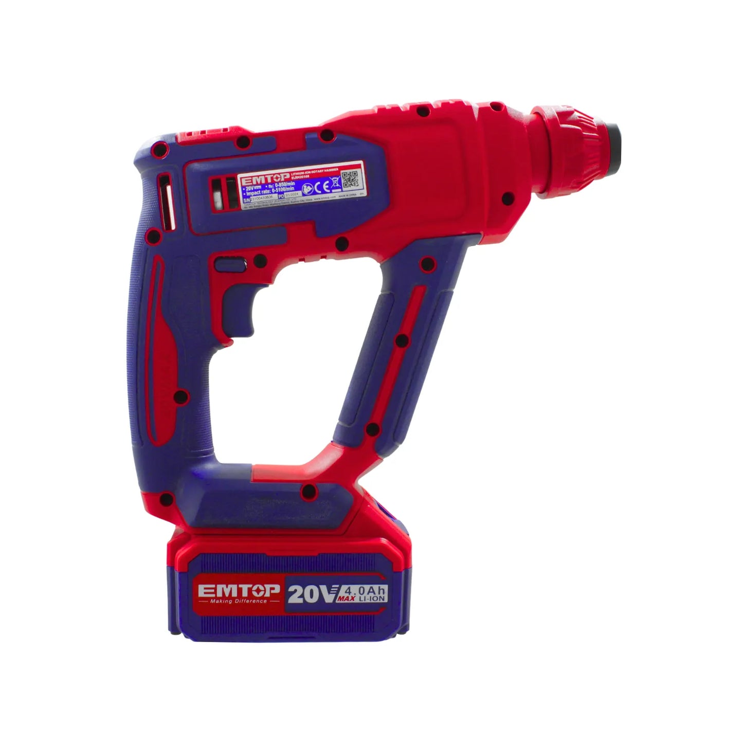 Taladro percutor inalámbrico EMTOP 20V rojo y azul con batería de litio 4.0Ah