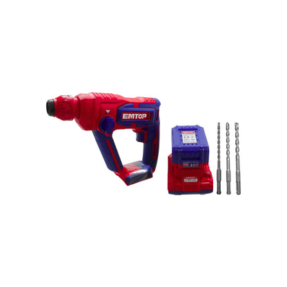 Taladro percutor inalámbrico EMTOP rojo y azul con batería, cargador y 3 brocas SDS.