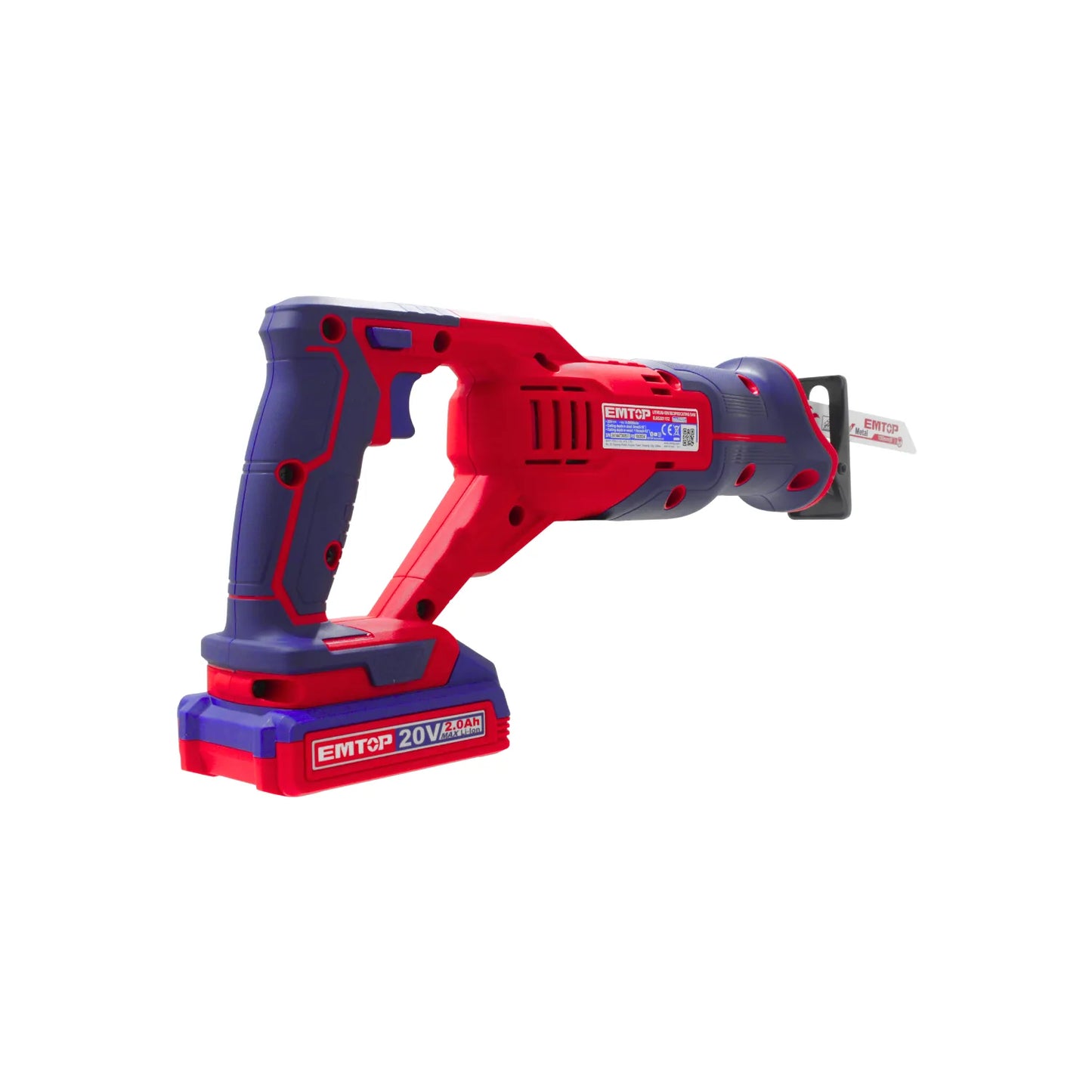 Sierra recíproca inalámbrica EMTOP 20V, roja y azul con batería de litio 2.0Ah para madera y metal