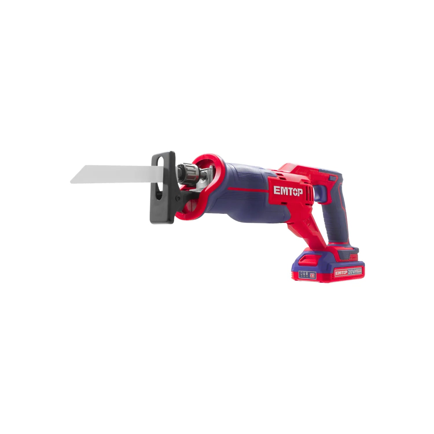 Sierra sable inalámbrica EMTOP 20V roja y azul con batería para cortes versátiles en madera y metal