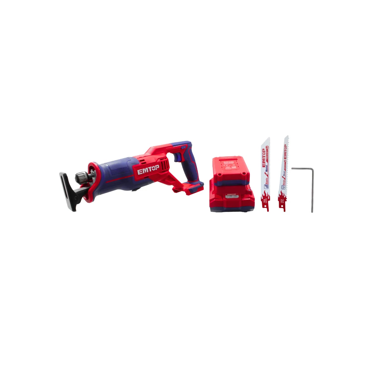 Sierra sable inalámbrica EMTOP roja y azul, batería 20V, incluye hojas para corte de metal y madera, y llave hexagonal.