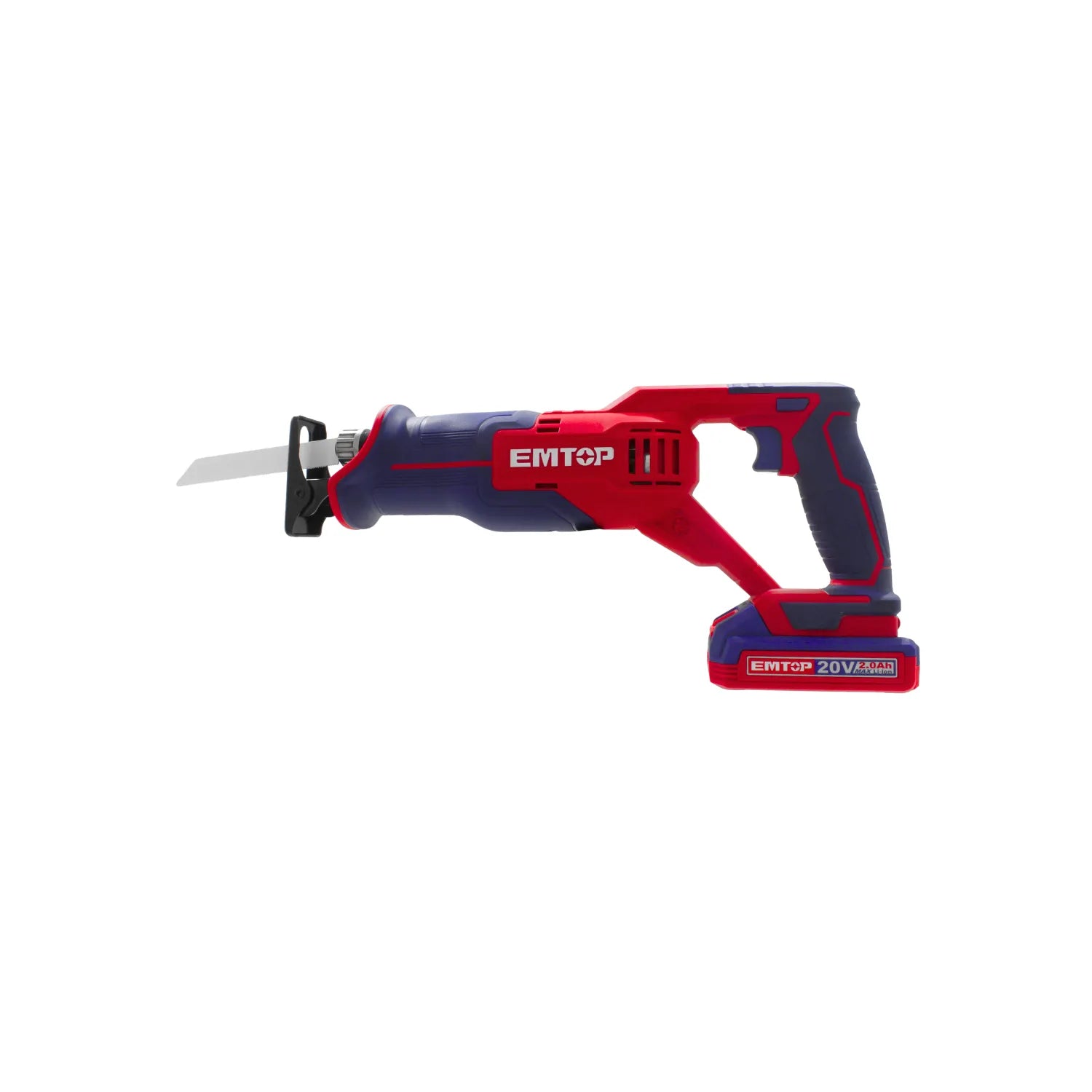 Sierra sable inalámbrica EMTOP 20V con batería de litio 2.0Ah, diseño rojo y azul para corte eficiente.