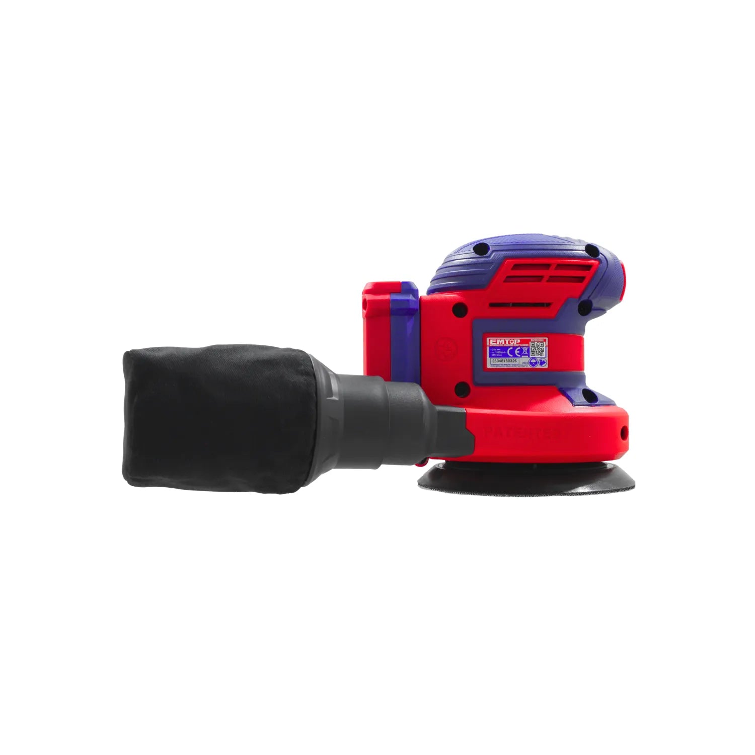 Lijadora orbital eléctrica EMTOP roja y azul con recolector de polvo para acabados de madera y superficies.