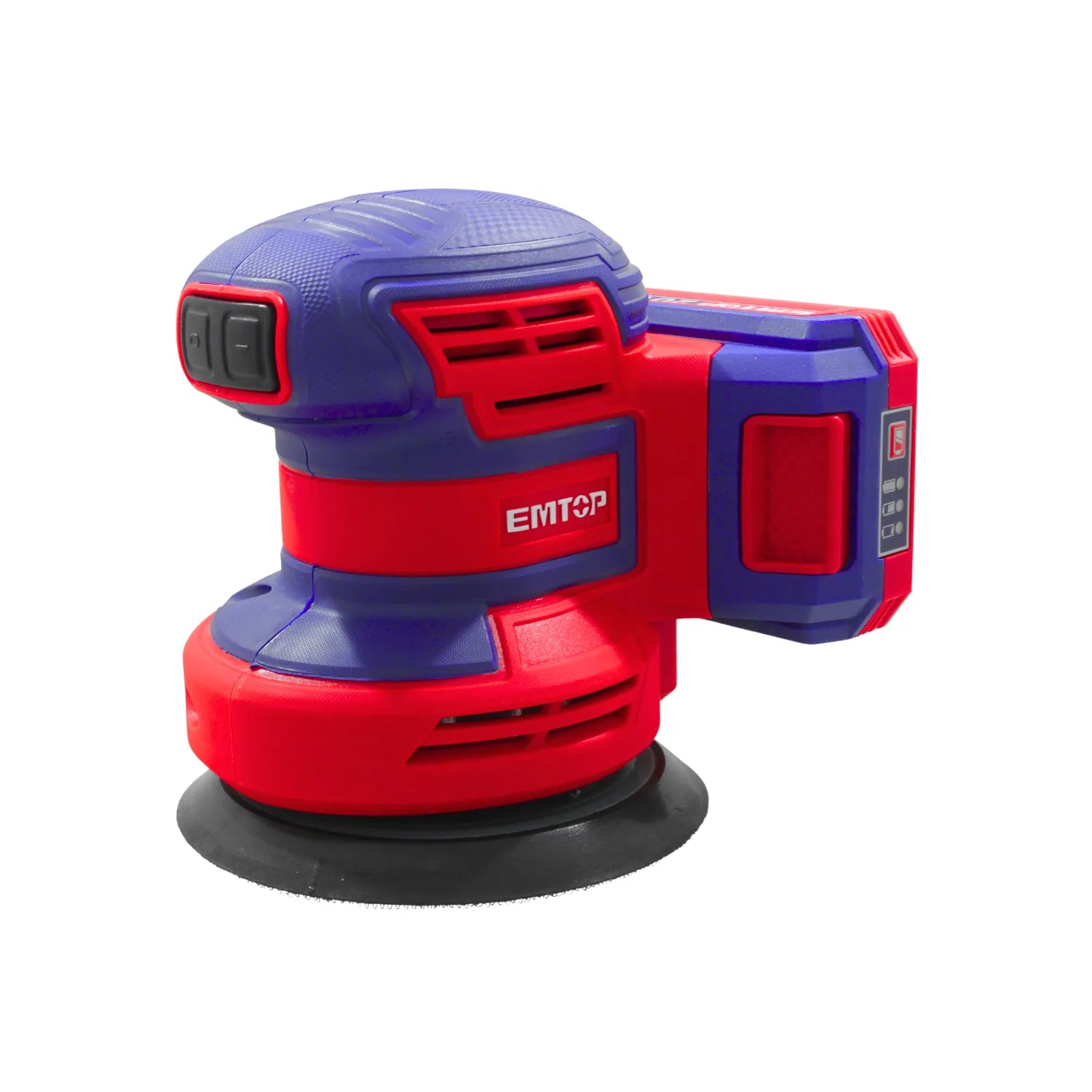 Lijadora roto orbital inalámbrica EMTOP roja y azul con batería para carpintería