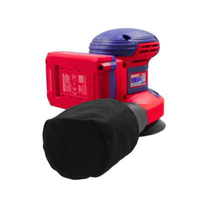 Lijadora roto-orbital inalámbrica EMTOP roja y azul con batería de litio y bolsa recolectora de polvo