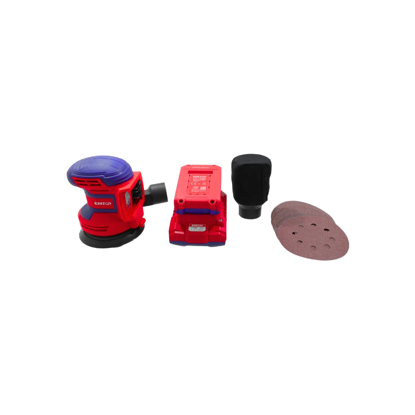 Lijadora orbital inalámbrica EMTOP 20V roja y azul, con batería de litio, bolsa para polvo y discos de lija