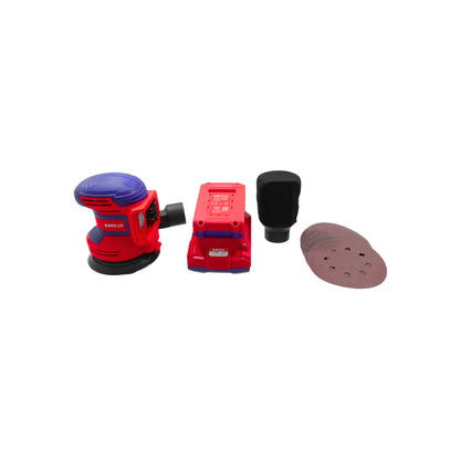 Lijadora orbital inalámbrica EMTOP 20V roja y azul, con batería de litio, bolsa para polvo y discos de lija