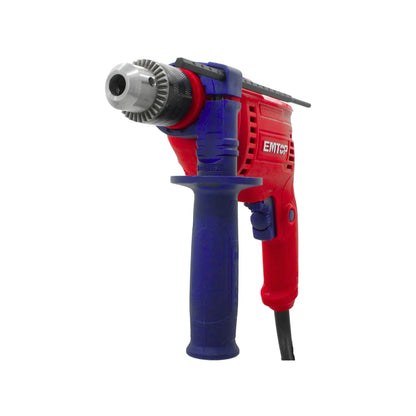 Taladro eléctrico con cable EMTOR rojo y azul, portabrocas de llave y mango auxiliar