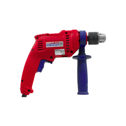 Taladro percutor EMTOP rojo con detalles azules, mango auxiliar, mandril con llave. Ideal para construcción.