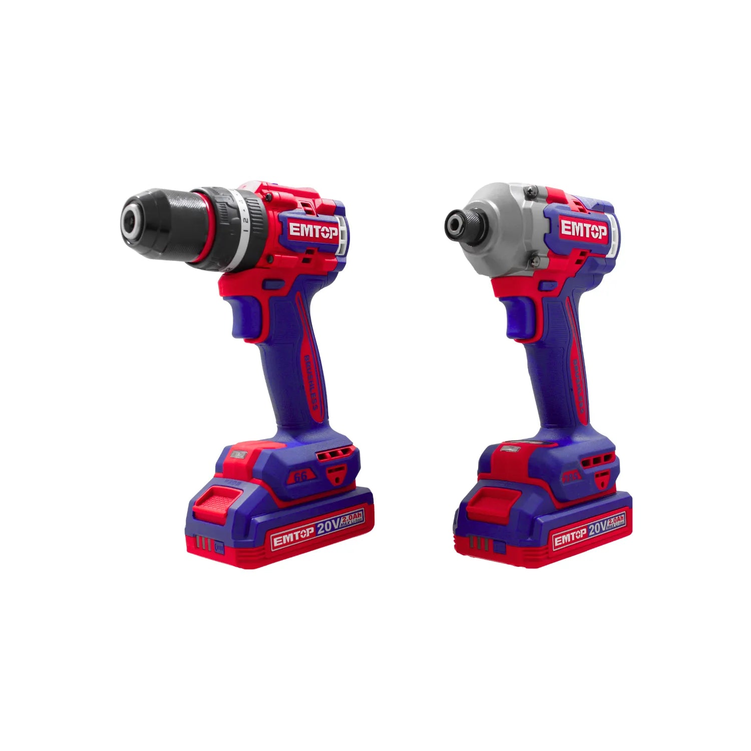 Kit taladro y atornillador de impacto EMTOP 20V inalámbrico motor brushless batería de litio azul y rojo