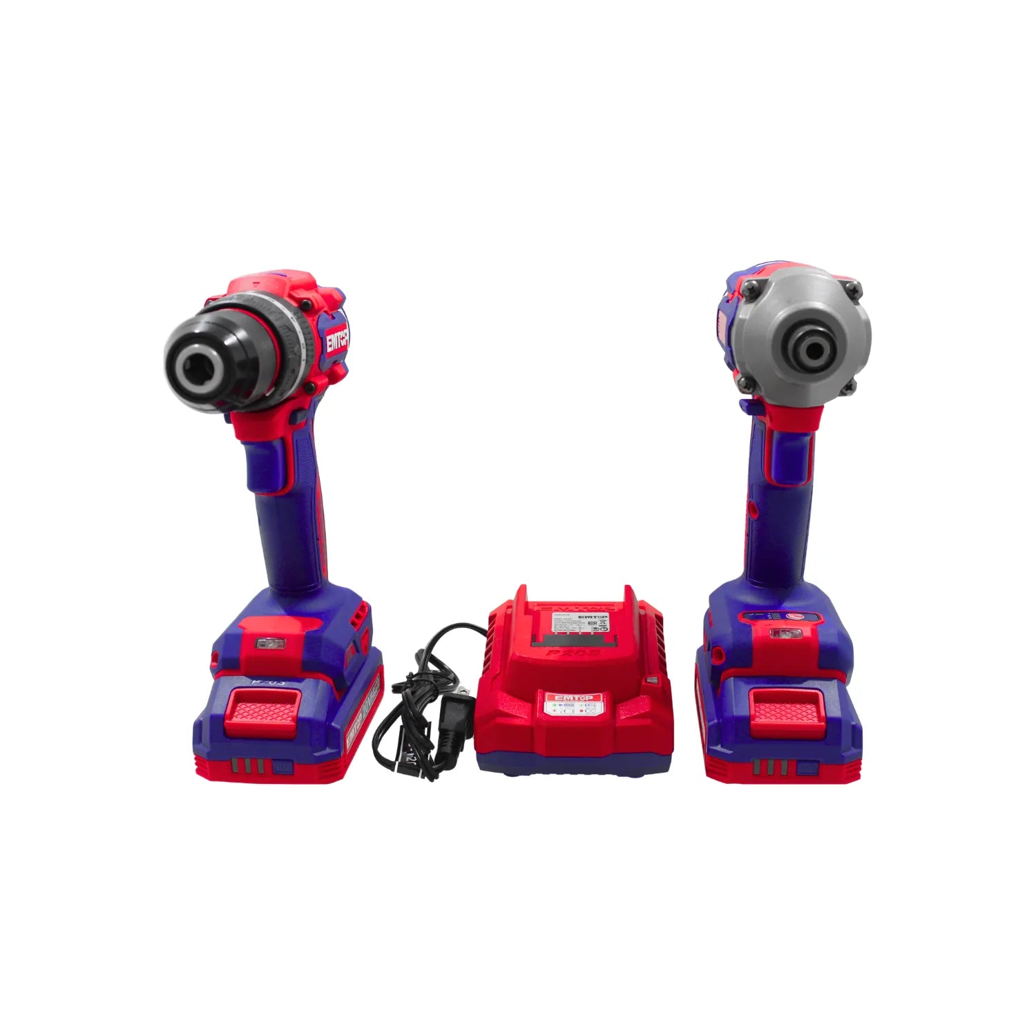 Combo taladro y atornillador de impacto EMTOP 20V inalámbrico con baterías y cargador color azul y rojo