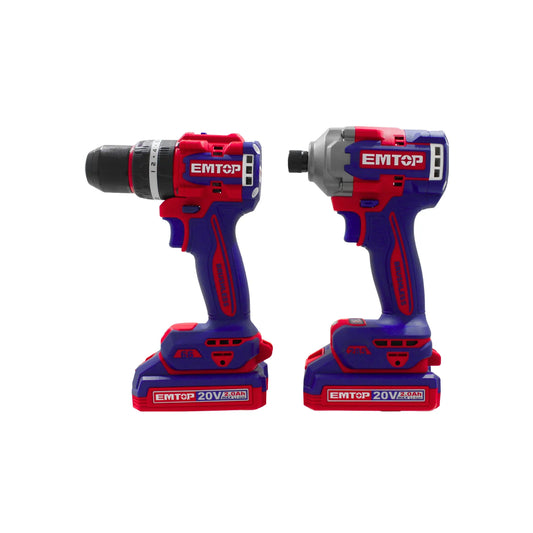 Combo taladro y atornillador de impacto EMTOP 20V motor brushless color azul y rojo con batería 2.0Ah