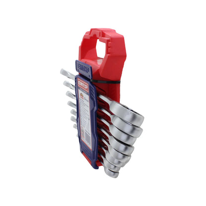 Juego de llaves combinadas rachet EMTOP de 8 piezas con soporte organizador rojo y azul para taller.