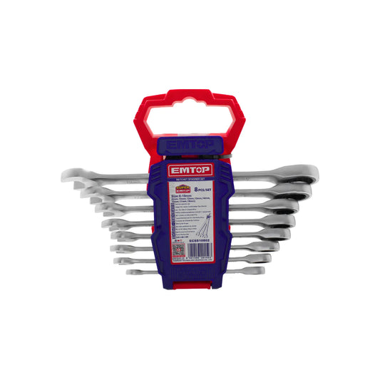 Juego de 8 llaves combinadas con carraca EMTOP de 8 a 19mm con soporte organizador rojo para mecánica profesional
