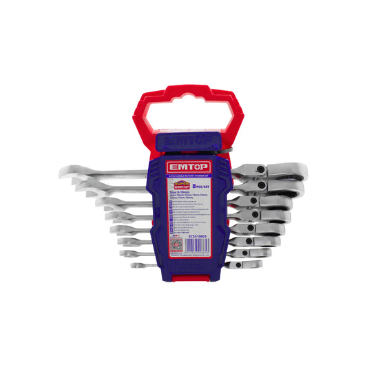 Set de 8 llaves combinadas EMTOP con trinquete flexible de 8-19mm en soporte organizador rojo y azul.