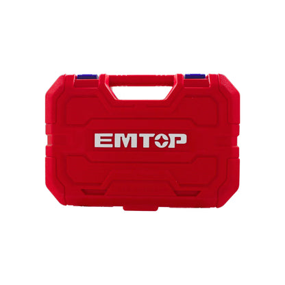 Maletín portaherramientas EMTOP plástico rígido color rojo con asa de transporte y cierres azules resistentes.