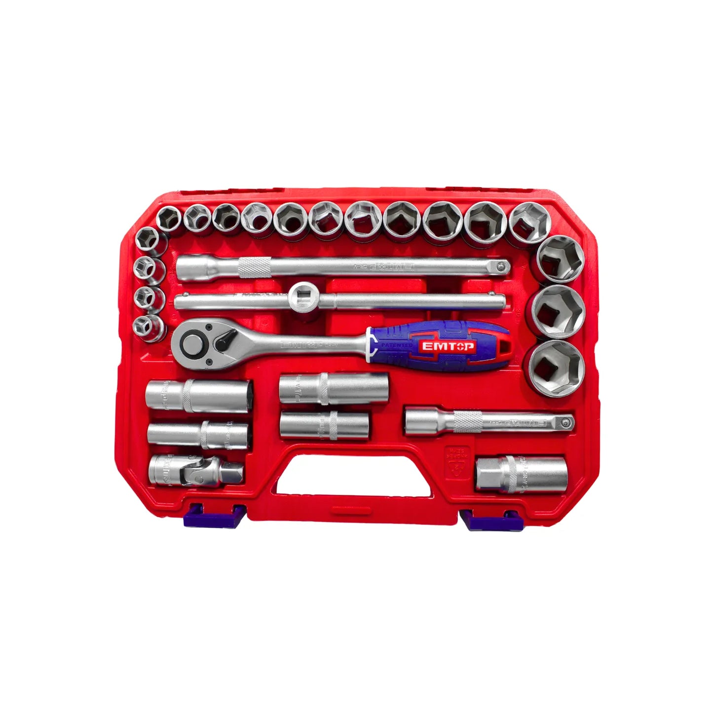 Juego de llaves de copa EMTOP con ratchet y extensiones en estuche rojo para mecánica automotriz.