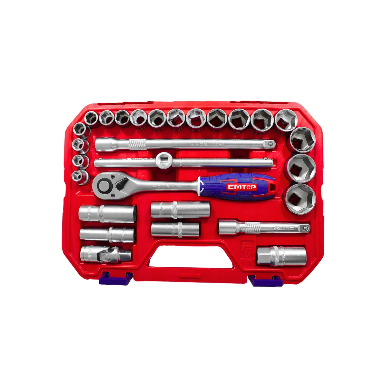 Juego de llaves de copa EMTOP con ratchet y extensiones en estuche rojo para mecánica automotriz.