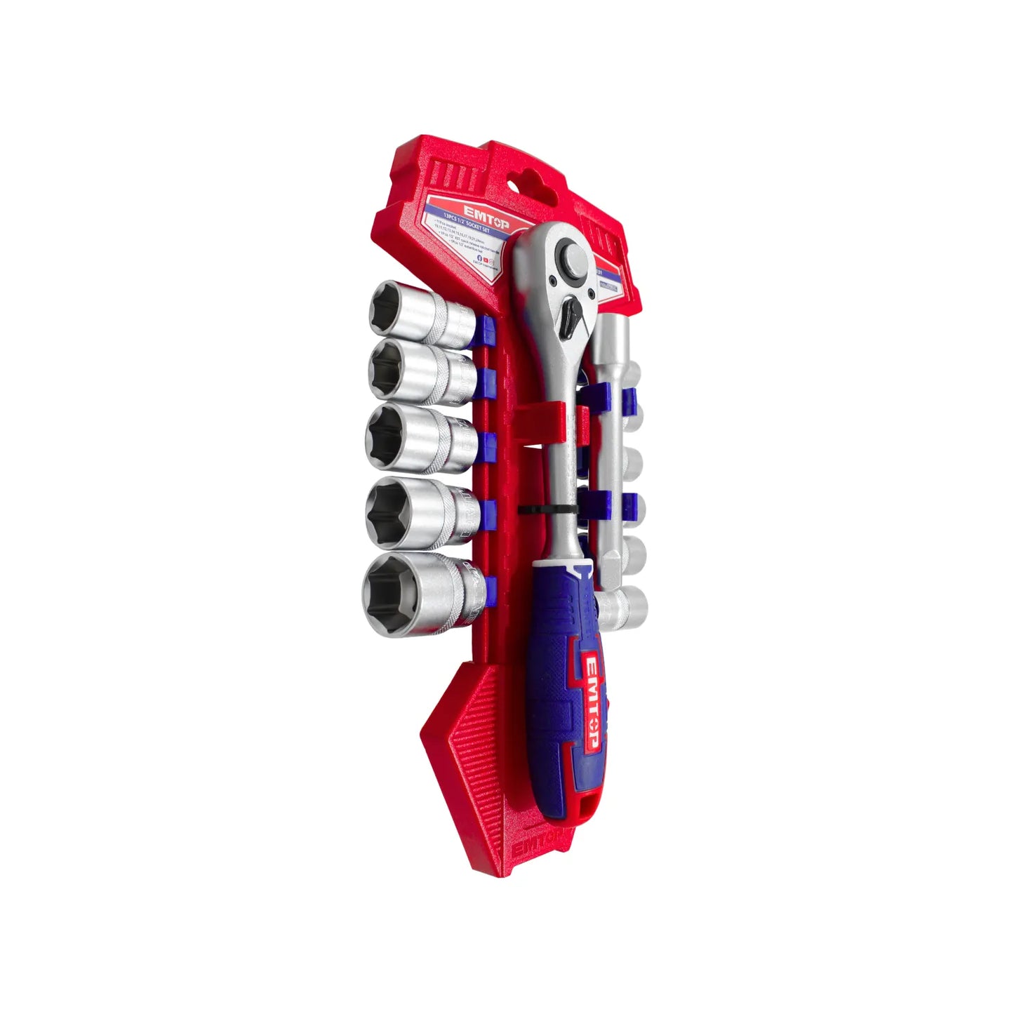 Juego de copas 1/2 pulgada EMTOP de 13 piezas con ratchet y barra de extensión en soporte plástico rojo.