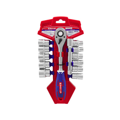 Juego de dados 13 piezas EMTOP 1/2 pulgada con matraca mango ergonómico azul y barra de extensión profesional.