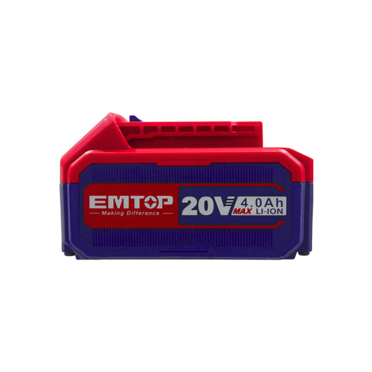 Batería EMTOP 20V 4.0Ah Li-ion recargable para herramientas inalámbricas color rojo y azul.