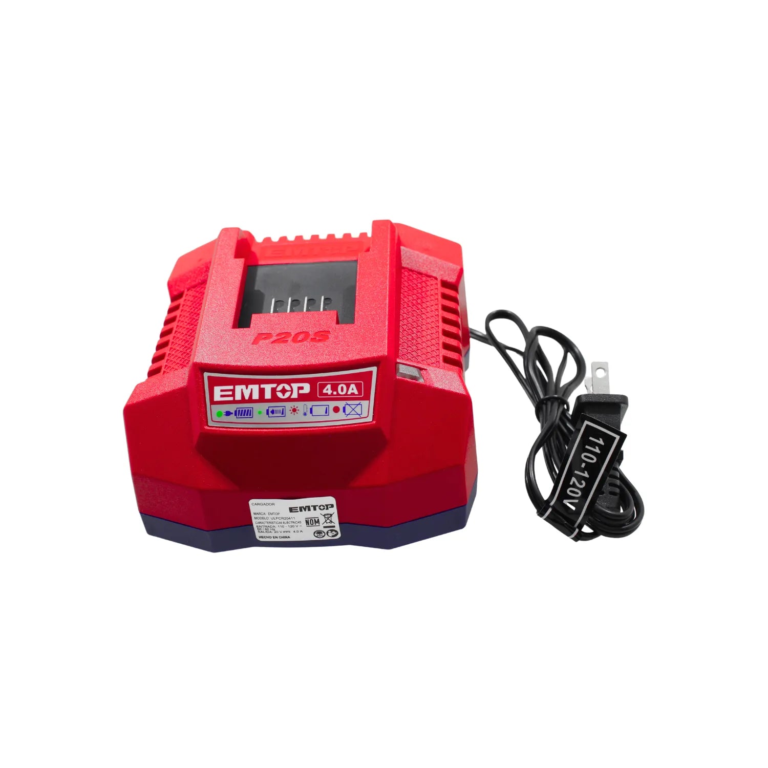 Cargador rápido de batería EMTOP P20S 4.0A para herramientas inalámbricas 110-120V color rojo