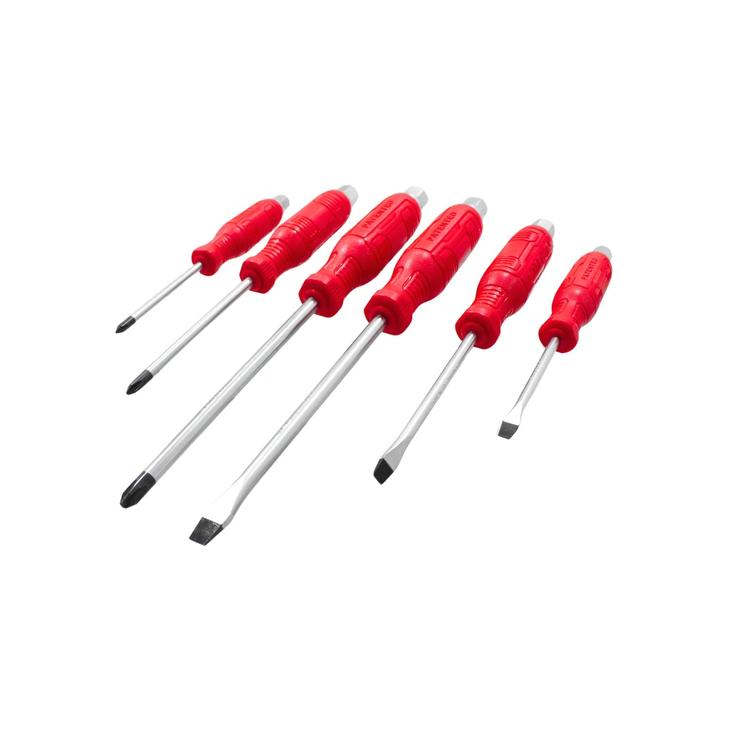 Juego de 6 destornilladores planos y Phillips con mangos ergonómicos rojos para trabajos de mantenimiento y hogar.
