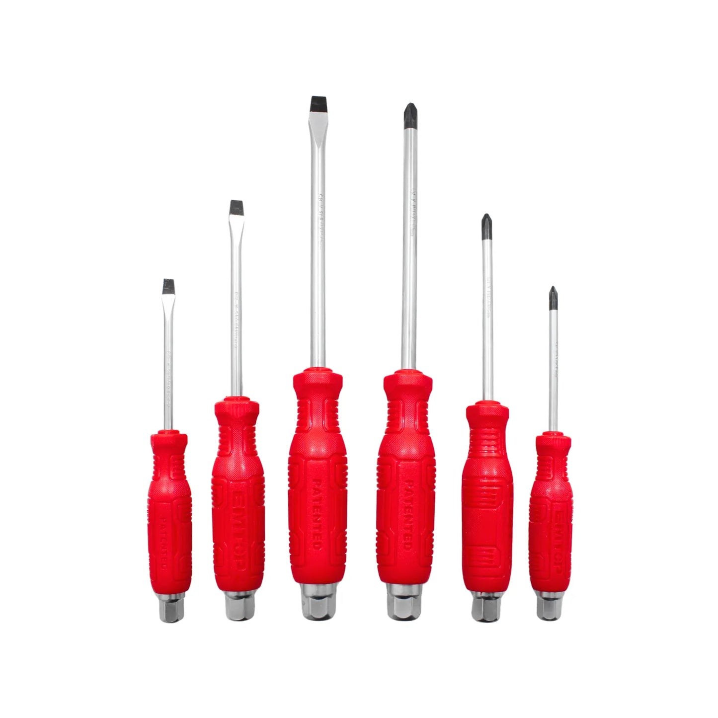 Juego de 6 destornilladores punta plana y Phillips con mango ergonómico rojo EMITOP para reparaciones y ferretería.