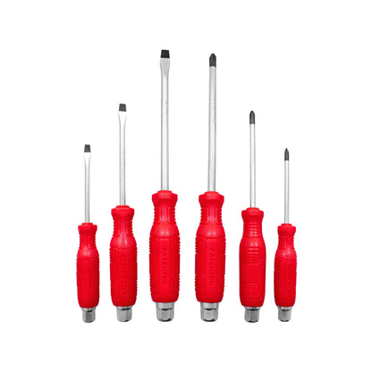 Juego de 6 destornilladores punta plana y Phillips con mango ergonómico rojo EMITOP para reparaciones y ferretería.