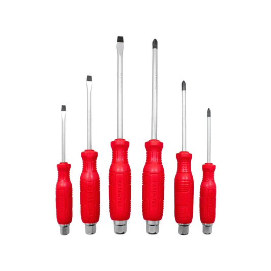 Juego de 6 destornilladores punta plana y Phillips con mango ergonómico rojo EMITOP para reparaciones y ferretería.