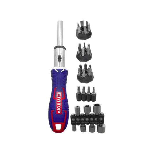 Destornillador EMTOP azul y rojo con set de puntas intercambiables Phillips, Torx y dados métricos 5-11mm.