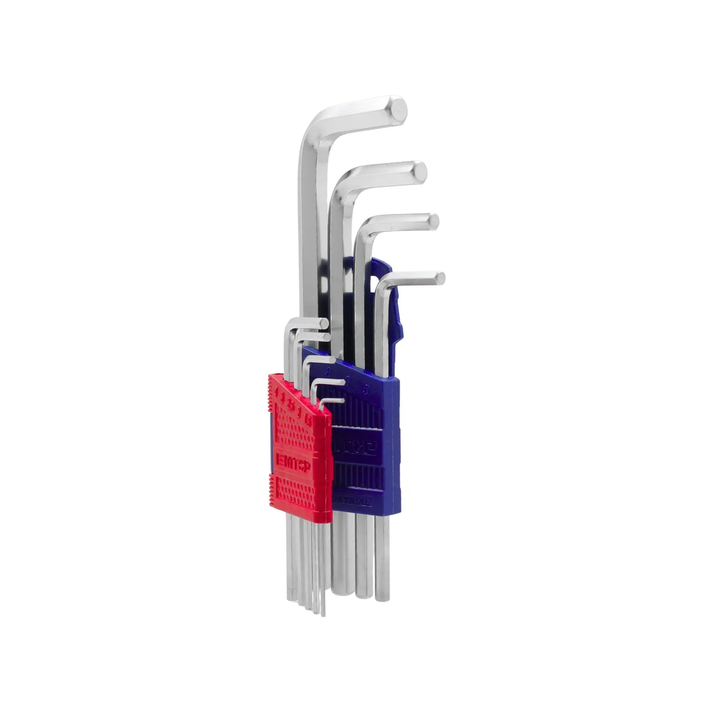 Juego de llaves Allen hexagonales industriales marca EMTOP con soportes azul y rojo.